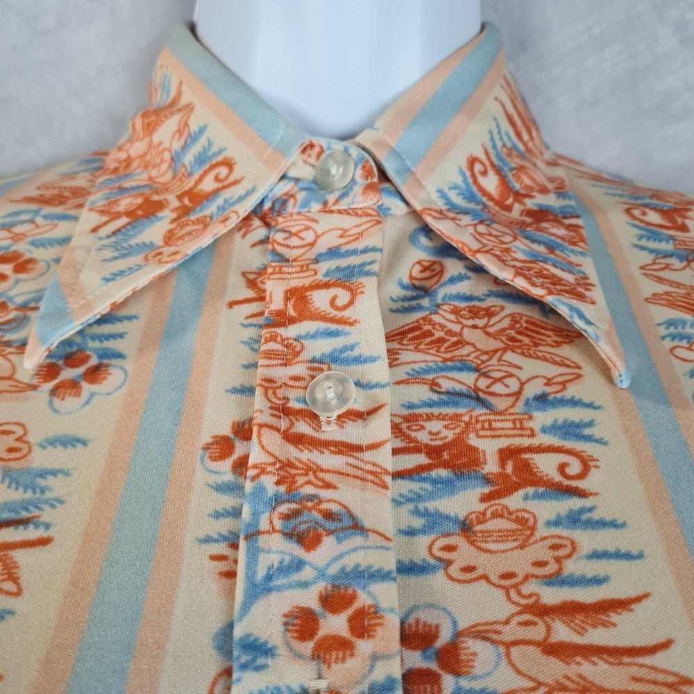Vintage 70s Shirt Womens Small Novelty Animal Print Button Up Disco Point Collar - Picture 4 of 16
